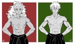  2boys abs closed_mouth colored_tips comparison cowboy_shot cross_scar forked_eyebrows frown green_background greyscale_with_colored_background hands_in_pockets kimetsu_no_yaiba looking_at_viewer male_focus medium_hair multicolored_hair multiple_boys navel nipples red_background rengoku_kyoujurou ribs scar scar_on_arm scar_on_chest scar_on_face scar_on_forehead scar_on_nose shinazugawa_sanemi short_hair straight-on streaked_hair taco_kimeota toned toned_male topless_male 