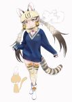  1girl absurdres animal animal_ears beleven boots bow bowtie cardigan cat cat_ears cat_girl cat_tail extra_ears full_body geoffroy&#039;s_cat_(kemono_friends) green_eyes grey_background highres kemono_friends kemono_friends_v_project kneehighs long_hair looking_at_viewer microphone ribbon shirt simple_background socks solo tail twintails virtual_youtuber 