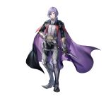  1boy belt black_cape cape dagger fire_emblem fire_emblem:_three_houses fire_emblem_heroes hair_over_shoulder hand_on_own_hip holding holding_dagger holding_knife holding_weapon knife leg_armor looking_at_viewer medium_hair official_art purple_cape purple_eyes purple_hair smile solo weapon white_background yuri_leclerc 