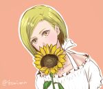  1girl blonde_hair brown_eyes collarbone dress elena_(ff7) final_fantasy final_fantasy_vii flower looking_at_viewer short_hair simple_background sunflower white_dress 