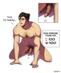  1boy absurdres all_fours avatar_legends bara black_hair bolin cum english_text erection hairy half-erect highres large_penis leg_hair legolligator looking_at_viewer male_focus male_pubic_hair meme muscular nipples penis pubic_hair short_hair solo sweatdrop the_legend_of_korra twitter_strip_game_(meme) uncensored 