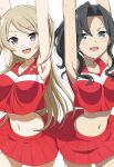  2girls :d armpits arms_up black_hair blonde_hair blue_eyes breasts cheerleader grey_eyes highres kusunoki_mebuki_wa_yuusha_de_aru long_hair medium_breasts midriff miroku_renge miroku_yumiko mole mole_under_mouth multiple_girls navel pleated_skirt red_skirt skirt smile sweat user_tmwx3385 yuuki_yuuna_wa_yuusha_de_aru:_hanayui_no_kirameki yuusha_de_aru 