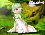  1girl arm_at_side artist_name blush bob_cut breasts collarbone colored_skin commentary day english_commentary engrish_commentary forest full_body gardevoir green_background green_hair green_skin hair_over_one_eye kneeling looking_at_viewer medium_breasts multicolored_skin nature one_eye_covered open_mouth outdoors pokemon pokemon_(creature) red_eyes short_hair solo two-tone_skin unholysoul watermark white_skin 