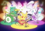  blue_eyes bright_pupils bulbasaur cymbals drum drum_set drumsticks electric_guitar fang guitar highres holding holding_drumsticks holding_instrument instrument mew_(pokemon) microphone microphone_stand music musical_note no_humans nostrils one_eye_closed open_mouth pikachu pokemon pokemon_(creature) red_eyes runachikku snare_drum speaker white_pupils 