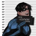  1boy barbie_mugshot_(meme) batman_(series) blue_bodysuit bodysuit calladraws1 covered_abs dc_comics dick_grayson domino_mask english_commentary english_text height_chart highres holding holding_sign looking_at_viewer male_focus mask meme mugshot muscular muscular_male nightwing sign solo superhero teeth two-tone_bodysuit upper_teeth_only western_comics_(style) 