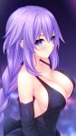  1girl black_dress black_gloves blush braid breasts cleavage dress elbow_gloves empty_eyes gloves hair_ornament highres hypnosis irori_(irorixc) long_hair medium_breasts mind_control neptune_(series) purple_hair purple_heart solo very_long_hair 