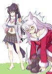  2girls ;t ^^^ ahoge animal_ears bare_shoulders belt belt_buckle biwa_hayahide_(umamusume) black_footwear black_hair boots boots_removed breasts brown_belt buckle cleavage closed_mouth commentary_request dress fur-trimmed_dress fur-trimmed_sleeves fur_trim grass grey_hair grey_jacket grey_skirt hair_between_eyes high_collar highres horse_ears horse_girl horse_tail jacket kuzumochi_(kuzumochiya) long_sleeves medium_breasts motion_blur multiple_girls narita_brian_(umamusume) off-shoulder_dress off_shoulder open_clothes open_jacket pleated_skirt ponytail pout red-framed_eyewear red_dress red_footwear semi-rimless_eyewear simple_background skirt squiggle tail tiara umamusume under-rim_eyewear v-shaped_eyebrows white_background yellow_eyes 