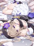  1girl beret chain checkered_floor choker clothing_cutout doll_joints flower hair_flower hair_ornament hat herta_(honkai:_star_rail) highres honkai:_star_rail honkai_(series) jewelry joints key_necklace light_brown_hair lock lying necklace petals purple_eyes scytluzt shoes skirt white_skirt 