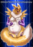  absurd_res anthro arm_warmers armwear bandai_namco belly_blush blush bodily_fluids body_blush clothing digimon digimon_(species) female genital_fluids genitals heartlessangel3d hi_res lactating navel pregnant pussy pussy_juice renamon solo tail_wrapped_around text 