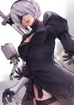  1girl absurdres black_blindfold black_dress black_thighhighs blindfold breasts cleavage cleavage_cutout clothing_cutout dress grey_hair highres j-u-n06 juliet_sleeves long_sleeves medium_breasts mole mole_under_mouth nier:automata nier_(series) non-humanoid_robot parted_lips pod_(nier:automata) puffy_sleeves robot short_hair solo sword sword_on_back thighhighs weapon weapon_on_back yorha_no._2_type_b 