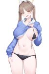  1girl absurdres animal_ears bikini black_bikini blue_archive blue_hoodie blush breasts clothes_lift collarbone covered_nipples cropped_hoodie fake_animal_ears halo highres hood hoodie hoodie_lift large_breasts light_brown_hair looking_at_viewer moe_(blue_archive) moe_(swimsuit)_(blue_archive) navel official_alternate_costume onuj2$ rabbit_ears side-tie_bikini_bottom simple_background smile solo stomach swimsuit thighhighs twintails underboob untied_bikini white_background 
