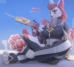  2023 4_toes 5_fingers absurd_res anthro artist_name bottomwear canid canine claws clothing dialogue digital_media_(artwork) english_text epic_games feet female finger_claws fingers foot_fetish foot_focus footwear fortnite fox hi_res kimiko_(fortnite) looking_at_viewer mammal open_mouth pawpads question_mark red_pawpads rz54 sitting socks solo stirrup_socks talking_to_viewer teasing text toe_claws toes topwear weapon 