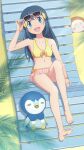  1girl absurdres beach bikini bikini_skirt blue_eyes blue_hair breasts cleavage dawn_(pokemon) deck_chair eyewear_on_head glasses hair_ornament hairclip highres long_hair looking_at_viewer navel open_mouth pink-framed_eyewear piplup pokemon pokemon_(creature) pokemon_(game) pokemon_dppt sand scarletsky small_breasts smile sunbathing sunglasses swimsuit yellow_bikini 