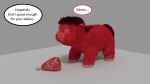  3d_(artwork) dialogue digital_media_(artwork) english_text eyes_closed female feral fluffy_pony fluffy_pony_(species) food fur hair hi_res meat mexi red_body red_fur red_hair simple_background solo teats text 
