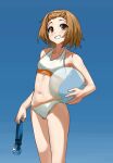  1girl absurdres ball bikini brown_eyes brown_hair commission day goggles grin hairband highres holding holding_ball holding_goggles k-on! keibi_inu looking_at_viewer navel outdoors pixiv_commission short_hair smile solo standing swimsuit tainaka_ritsu teeth white_bikini 