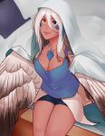  1girl blanket blue_eyes blue_hair blue_tank_top breasts cleavage eliana_(mgl139) facial_mark feathers gradient_wings harpy heterochromia highres large_breasts less long_hair looking_at_viewer monster_girl multicolored_hair multicolored_wings original second-party_source shorts sitting smile solo tan tank_top white_feathers white_hair winged_arms wings yellow_eyes 