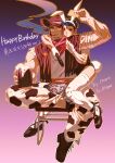  2boys absurdres animal_ears bara bimigoto_isamu_(omedemidori) black_leotard blue_hair brown_hair cigar cowboy_hat cowboy_western cup english_text facial_hair fake_animal_ears glasses gloves happy_birthday hat highres holding holding_cup iwatani_uruo_(omedemidori) leotard long_sideburns looking_at_another male_focus male_playboy_bunny multiple_boys muscular muscular_male omedemidori original rabbit_ears rabbit_tail short_hair sideburns stubble tail thighhighs white_gloves yaoi 