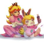  anthro barefoot blonde_hair blue_eyes bottomless cellphone clothed clothing crossover crown dress duo feet female hair headgear hi_res human lagomorph long_ears long_hair mammal mario_bros mario_plus_rabbids_kingdom_battle nintendo phone pink_clothing pink_dress princess_peach rabbid rabbid_peach raving_rabbids rayman_(series) scamwich selfie size_difference soles standing toes ubisoft 