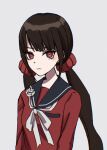  1girl arironpawa black_sailor_collar blush bow bowtie breast_pocket brown_hair closed_mouth danganronpa_(series) danganronpa_v3:_killing_harmony grey_background grey_bow grey_bowtie harukawa_maki highres long_hair long_sleeves low_twintails mole mole_under_eye pocket red_eyes red_shirt sailor_collar shirt simple_background solo twintails upper_body 