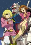  2girls blonde_hair blue_eyes breasts brown_hair closed_mouth exocet foot_out_of_frame frau_bow gundam highres looking_at_viewer mecha military mobile_suit_gundam multiple_girls open_mouth robot rx-78-2 sayla_mass short_hair skirt smile uniform 