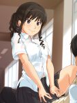  1boy 1girl amagami black_eyes black_hair blue_eyes closed_mouth collared_shirt curly_hair drill_hair faceless faceless_male girl_on_top grey_pants grey_skirt hallway highres indoors kibito_high_school_uniform looking_at_another lying morishima_haruka on_back pants pleated_skirt ponytail school_uniform shirt sitting sitting_on_person skirt smile solo sweater_vest tachibana_jun&#039;ichi takenoko_saba_otto white_shirt window yellow_sweater_vest 