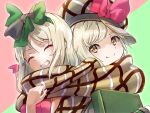  1boy 1girl absurdres blonde_hair brother_and_sister clanne_(fire_emblem) clear_glass_(mildmild1311) closed_eyes fire_emblem fire_emblem_engage framme_(fire_emblem) hair_ribbon hat highres holding medium_hair ribbon scarf short_hair siblings smile yellow_eyes 