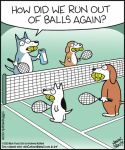  2023 anthro ball barefoot biped black_nose canid canine canis comic domestic_dog english_text feet group humor mammal mark_parisi sport standing tennis tennis_ball tennis_court tennis_racket text url 