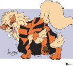  2023 abdominal_bulge all_fours arcanine belly big_belly breath claws digestion digestion_noises fangs feral fur generation_1_pokemon head_turned looking_back male marcushunter nintendo nude open_mouth paws pokemon pokemon_(species) raised_tail signature soft_vore solo sound_effects tail teeth text tongue tongue_out vore 