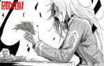  1girl blue_hair character_name coat holding holding_money kankan33333 light_frown limbus_company long_hair long_sleeves looking_at_object money money_stack project_moon rodion_(limbus_company) sitting sketch solo spot_color 