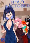  5girls absurdres asymmetrical_horns bare_shoulders black_hair blue_hair blush breasts champagne_flute cleavage colored_inner_hair commentary cup demon_horns distracted_boyfriend_(meme) dress drinking_glass english_commentary evening_gown formal highres hololive hololive_english horns koizumi_arata large_breasts long_hair meme mori_calliope multicolored_hair multiple_girls nanashi_mumei nerissa_ravencroft ouro_kronii pink_hair plunging_neckline pout red_eyes revealing_clothes sleeveless sleeveless_dress suit takanashi_kiara two-tone_hair uneven_horns virtual_youtuber 
