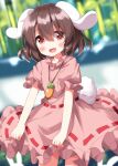  1girl :d animal_ears blurry blurry_background blush brown_hair dress flat_chest floppy_ears hair_between_eyes highres inaba_tewi looking_at_viewer open_mouth petite pink_dress rabbit_ears rabbit_tail ruu_(tksymkw) short_hair skirt skirt_tug smile solo tail touhou 