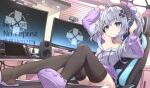  1girl animal_slippers black_thighhighs blue_eyes chair gaming_chair grey_hair hair_ornament headphones henzer indoors jacket monitor mouse_(computer) on_chair open_clothes open_jacket original sitting slippers swivel_chair thighhighs 