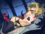  1girl arms_behind_back bare_shoulders bdsm bit_gag black_footwear black_gloves black_panties black_thighhighs blonde_hair blue_eyes bondage bound bound_ankles cad_(caddo) character_request circlet commentary crop_top elbow_gloves fate/grand_order fate_(series) gag gagged garter_belt gloves high_heels highres hogtie midriff navel panties pollux_(fate) short_hair sleeveless solo stomach thighhighs underwear 