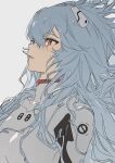  1girl absurdres alternate_hair_length alternate_hairstyle ayanami_rei blue_eyes bodysuit crying hair_ornament highres long_hair long_sleeves looking_up neon_genesis_evangelion plugsuit red_eyes solo white_background white_bodysuit zhibuji_loom 