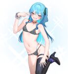 1girl absurdres ankle_strap aqua_hair bare_shoulders black_choker black_thighhighs bra character_name choker earrings eredhen flat_chest grin groin hair_between_eyes hand_on_own_thigh high_heels highres hololive hoshimachi_suisei jewelry long_hair looking_at_viewer nail_polish navel panties plaid plaid_bra plaid_panties side_ponytail sidelocks single_thighhigh smile solo standing standing_on_one_leg star-shaped_pupils star_(symbol) star_choker star_earrings stomach symbol-shaped_pupils symbol_in_eye thighhighs underwear underwear_only v virtual_youtuber wrist_cuffs 