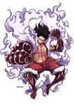 1boy abs alternate_form aosora2823 artist_name black_hair clenched_hands clenched_teeth commentary_request floating_hair full_body gear_fourth gear_fourth:_snakeman highres male_focus monkey_d._luffy one_piece scar scar_on_chest simple_background solo teeth topless_male white_background 