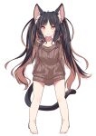  1girl :3 animal_ear_fluff animal_ears bare_legs barefoot black_hair brown_hair brown_sweater cat_ears cat_girl cat_tail daidai_ookami full_body highres long_hair long_sleeves looking_at_viewer multicolored_hair no_pants original simple_background smile standing sweater tail twintails two-tone_hair very_long_hair white_background yellow_eyes 