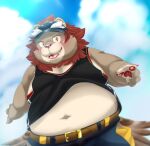  anthro belly belt blush brown_body brown_fur clothed clothing clothing_lift felid fur lifewonders lion male mammal mane navel overweight pantherine pawpads shirt shirt_lift solo tank_top tokyo_afterschool_summoners tolsche topwear vapula_(tas) yellow_eyes 