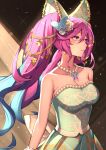  1girl absurdres aqua_hair breasts brooch butterfly_brooch butterfly_hair_ornament cleavage cleo_(dragalia_lost) dragalia_lost dress flower hair_flower hair_ornament highres jewelry long_hair medium_breasts multicolored_hair necklace nurufufufu parted_lips pearl_necklace pink_eyes pink_hair solo twintails very_long_hair white_dress 