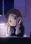  1girl absurdres black_shirt book brown_eyes brown_hair eighth_note hand_up highres holding holding_pen indoors karakai_jouzu_no_takagi-san lamp long_hair musical_note night oo_s open_book pen quarter_note shirt solo takagi-san window 