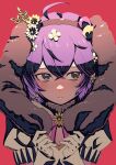  1girl aduti_momoyama animal_ears bernadetta_von_varley bernadetta_von_varley_(spring) blush bow bowtie brown_hairband dress fake_animal_ears fire_emblem fire_emblem:_three_houses fire_emblem_heroes flower gloves grey_eyes hair_flower hair_ornament hairband highres holding_ear puffy_short_sleeves puffy_sleeves purple_bow purple_bowtie purple_hair rabbit_ears red_background short_hair short_sleeves simple_background solo white_gloves yellow_dress 