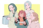  1boy 3girls aliya_mahvash asticassia_school_uniform blue_hair blush braid brown_hair closed_eyes closed_mouth commentary eating english_commentary green_eyes green_hair gundam gundam_suisei_no_majo hair_over_shoulder holding holding_cooking_pot holding_plate holding_spoon lilique_kadoka_lipati long_hair long_sleeves looking_at_another low_ponytail multiple_girls official_alternate_costume oneroom-disco open_mouth pajamas plate red_hair school_uniform shirt short_hair sitting smile spoon suletta_mercury till_nys upper_body white_shirt yellow_eyes 