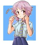  1girl :t blue_background blue_shirt blue_skirt blush breast_pocket chakka_(nagata08-23) character_name checkered_necktie closed_mouth commentary fingers_to_cheeks hands_up idolmaster idolmaster_million_live! kutuzyoku_sbak looking_at_viewer makabe_mizuki necktie notice_lines pleated_skirt pocket puffy_cheeks purple_hair shirt short_hair short_sleeves sidelocks skirt solo upper_body wavy_hair wing_collar yellow_eyes 