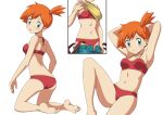  1girl armpits arms_behind_head barefoot bikini breasts clothes_lift commentary commission eyelashes feet green_eyes highres kneeling lifted_by_self looking_at_viewer misty_(pokemon) multiple_views navel one_side_up orange_hair parted_lips pokemon pokemon_(anime) red_bikini shirt shirt_lift short_hair shoulder_blades simple_background suitenan swimsuit toes white_background yellow_shirt 