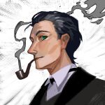  1boy black_hair black_suit bow bowtie fate/grand_order fate_(series) formal green_eyes hair_slicked_back highres looking_at_viewer male_focus ovsosito pipe_in_mouth profile sherlock_holmes_(fate) short_hair smoke smoking_pipe solo suit upper_body white_background 