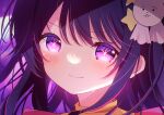  1girl absurdres blush hair_ornament highres hoshino_ai_(oshi_no_ko) long_hair looking_at_viewer oshi_no_ko purple_eyes purple_hair smile solo star-shaped_pupils star_(symbol) sweat symbol-shaped_pupils upper_body v-shaped_eyebrows yomiya_yumeha 