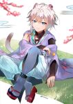  1boy absurdres animal_ear_fluff animal_ears azna blue_eyes blue_hair bud candy closed_mouth detached_sleeves floral_print food grass grey_hair hair_between_eyes highres holding japanese_clothes lollipop looking_at_viewer male_focus multicolored_hair original red_footwear sitting solo tail twitter_username wide_sleeves 