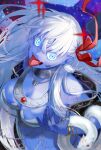  1girl blue_eyes blue_skin bracelet breasts colored_skin earrings fangs fate/grand_order fate_(series) hair_ribbon highres jewelry kali_(fate) large_breasts long_hair pendant ribbon snake somemiya_suzume third_eye thumb_ring tongue tongue_out watermark white_hair 
