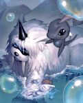  blue_eyes bly_mead bubble closed_eyes creature digimon digimon_(creature) fangs floating gomamon happy highres horns ice ikkakumon pukamon single_horn sleeping water white_fur 