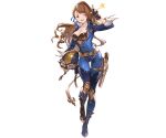  beatrix_(granblue_fantasy) belt bra breasts brown_eyes brown_hair cleavage detached_sleeves fingerless_gloves gloves goggles granblue_fantasy helmet holding long_hair looking_at_viewer non-web_source one_eye_closed open_mouth racing_suit salute smile solo transparent_background underwear weapon 